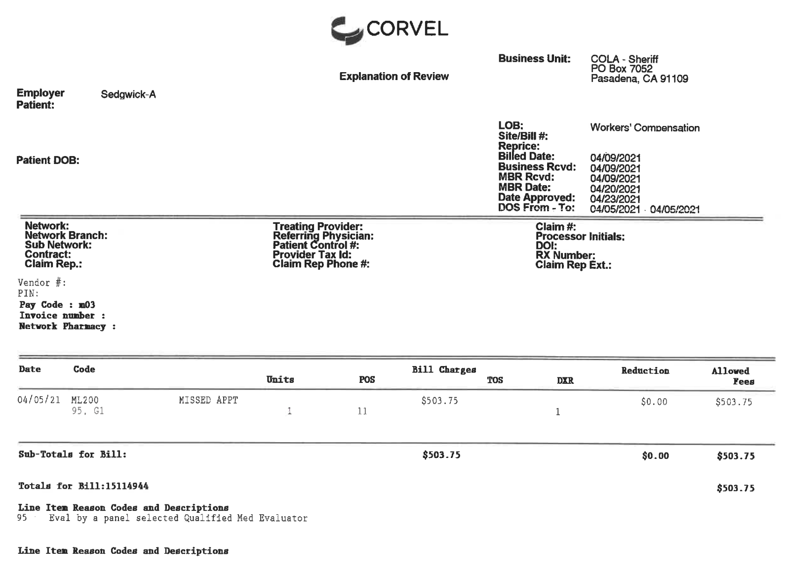 ML200 Sedgwick Claims Management Services Grade A daisyBill