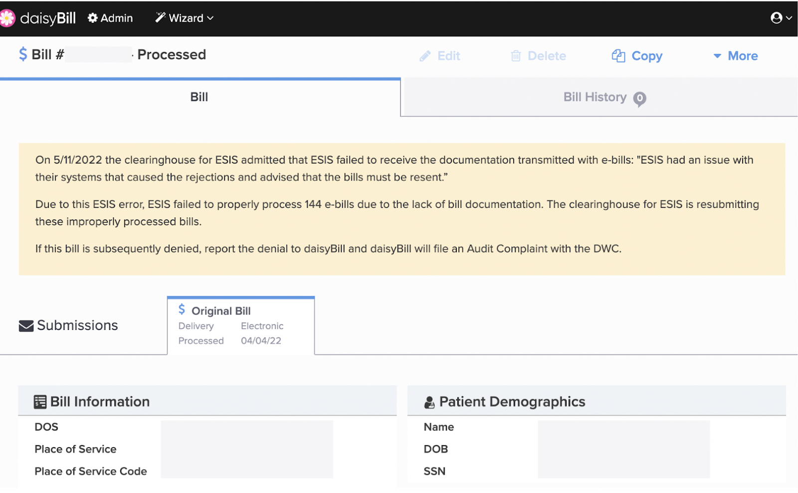 Alert ESIS Fails to Process e Bills Due to Their daisyBill